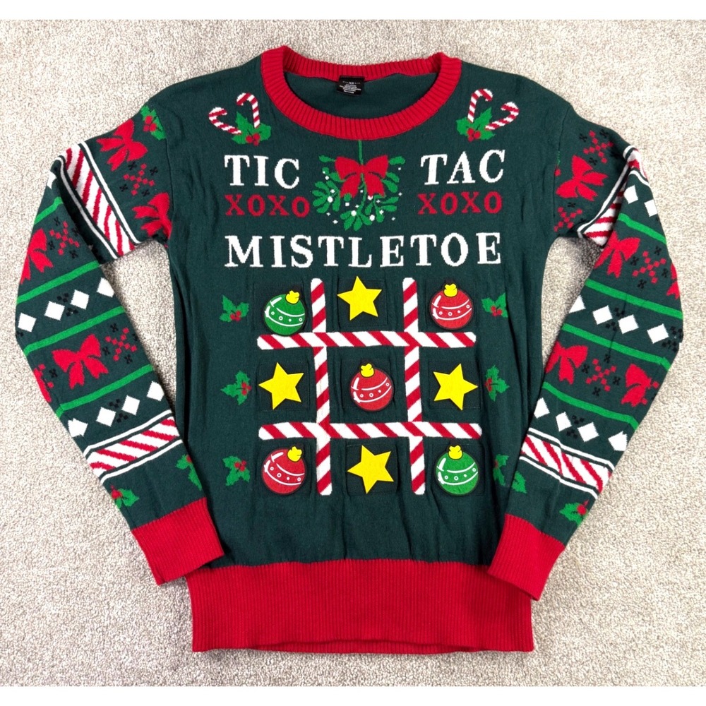 Tic Tac Mistletoe Ugly Christmas Sweater Green Red Interactive Game‎ XS